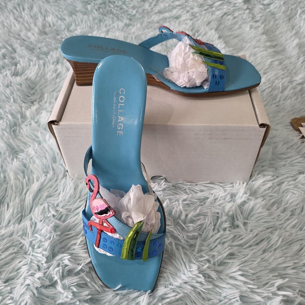 Collage by Michael Simon Turquoise Flamingo Embellished Slide Mules - Size 8